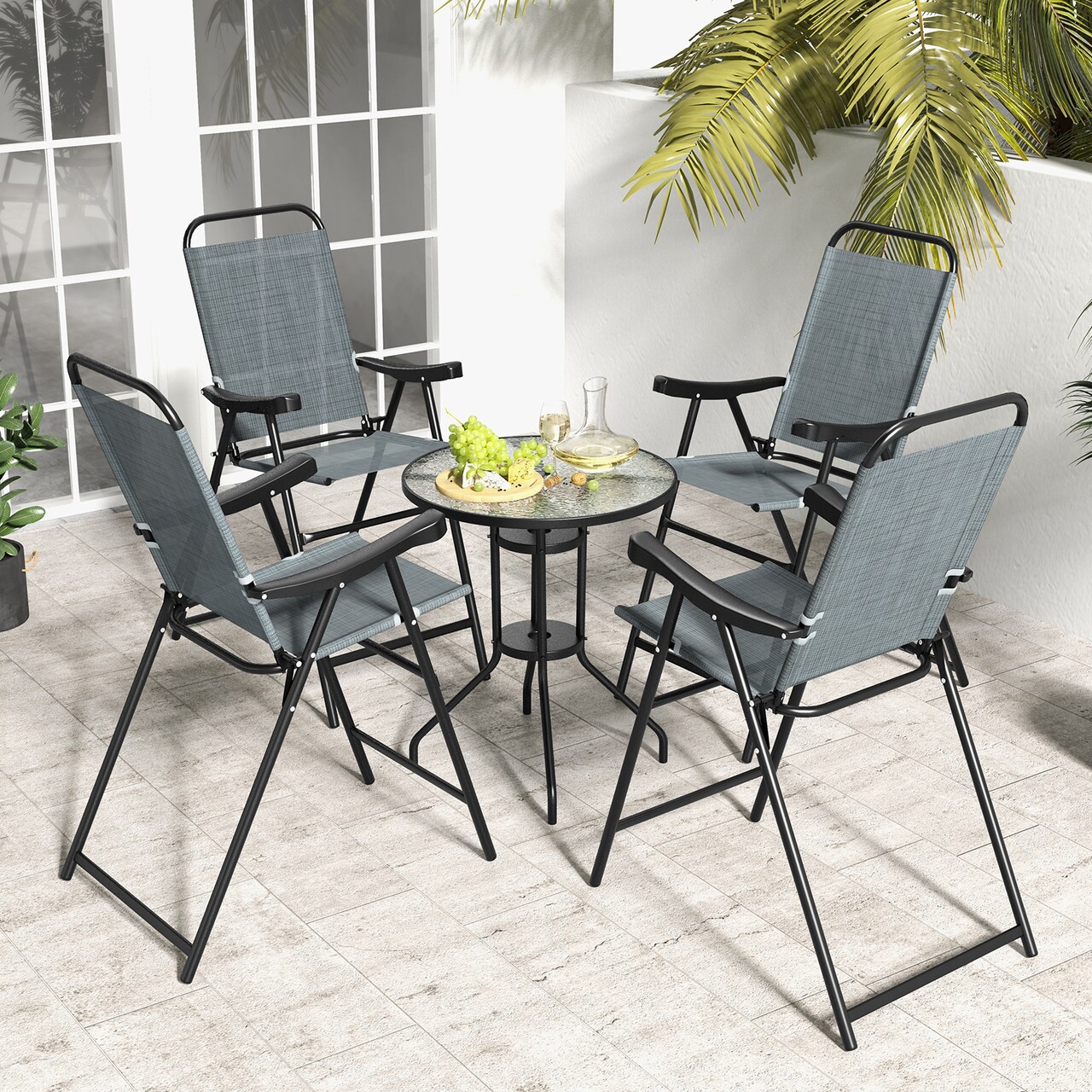 Patio Folding Bar Stool Set Of 4 With Metal Frame And Footrest